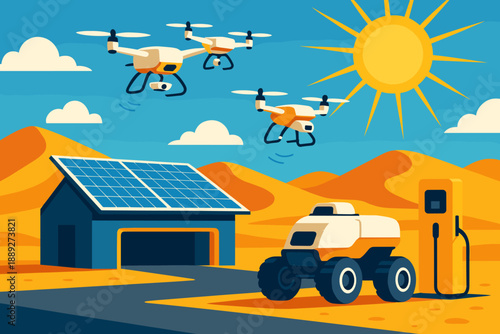 Drones flying over solar panels and charging station in a desert landscape under a bright sun