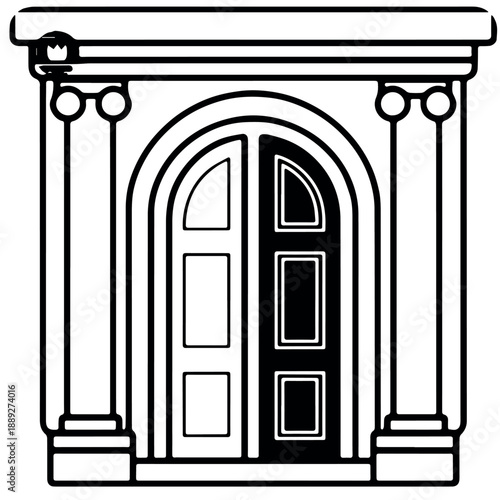 Black Double Door with Archway and Columns in Line Art Style