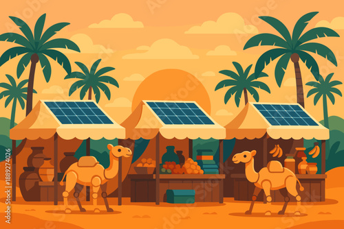 Market scene with camels and solar panels at sunset in a desert location