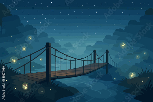 Bridge over a river with fireflies glowing at night in a wooded area with stars in the sky