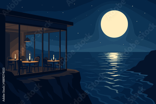 Restaurant on cliffside by ocean with moonlight reflection on water at night