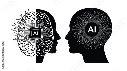 Human brain contrasted with artificial intelligence depicting the merging of minds and technology