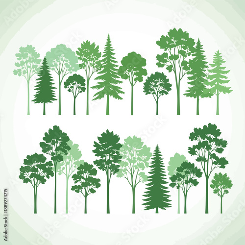A collection of stylized green trees in varying shapes and shades arranged circularly
