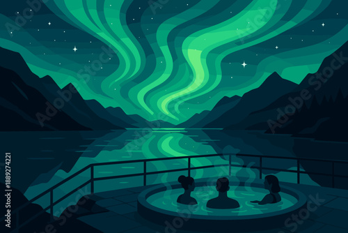People relax in hot tub under northern lights by mountain lake at night
