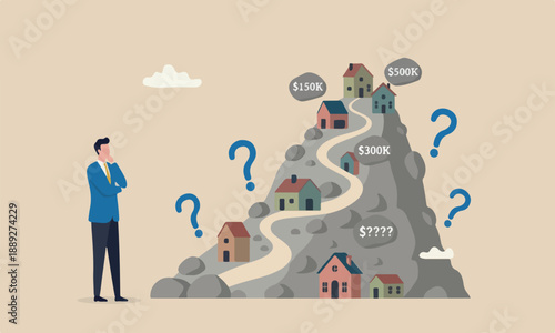 House mortgage boulder uphill mountain peak affordability calculation, picking new home base on budget, income or lifestyle concept, businessman hand wisely think to picking different variant houses w