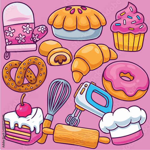 Colorful Pastel Donuts and Desserts in Whimsical Illustration Style