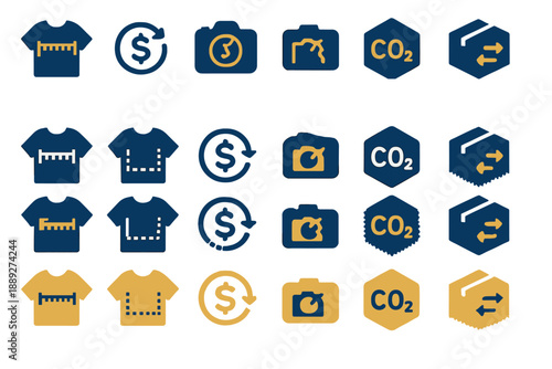 Different types of icons showing various measurements, recycling, and carbon dioxide represented in simple designs