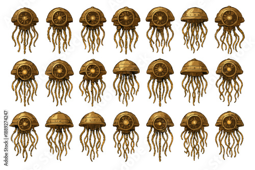 Design of jellyfish with a metallic look in a grid pattern, showcasing various styles and shapes in a creative display