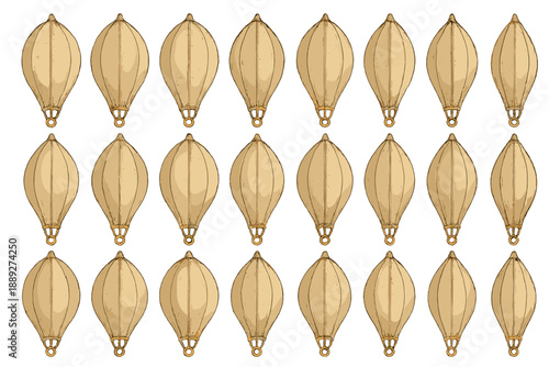 Various hot air balloon shapes in golden color arranged in a pattern