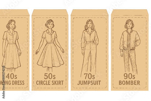 Fashion history showcases different styles from the 1940s to the 1990s with sketches of dresses, skirts, and jackets on card stock