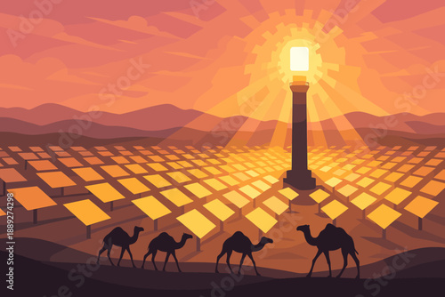 Camels walk past solar panels at sunset near a tall structure in a desert landscape