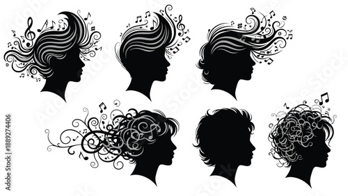Elegant silhouettes of women with flowing hair incorporating musical notes and swirls