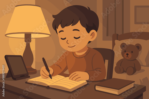Boy writes in notebook at desk with lamp and teddy bear in bedroom during evening time