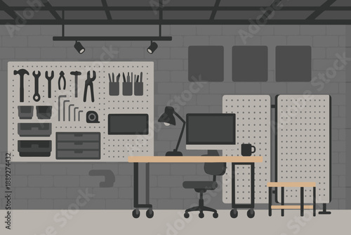 Workspace with tools and equipment in a modern design setting during daylight hours