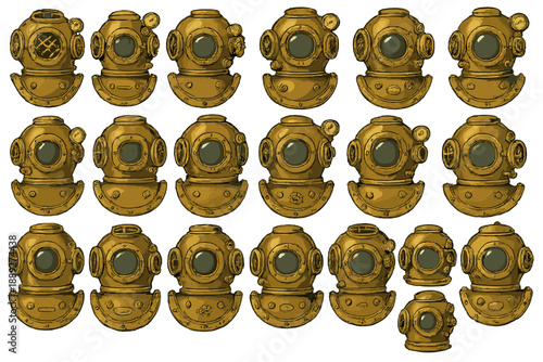 Diving helmets arranged in a grid showing different designs and details from various angles in a collection