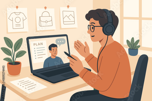 Online meeting with a client for project planning and discussion using a laptop at home office