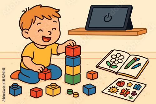 Child plays with colorful building blocks while sitting on the floor in a sunny room filled with art supplies and a tablet