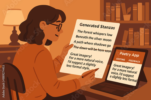 Person reads feedback on a poetry app while holding written notes in a cozy room with warm lighting