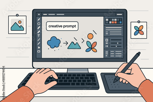 User works on creative project at computer with digital tools and software