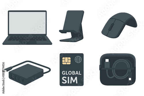 Setup for online work with laptop, accessories, and global SIM card in modern workspace at home or office