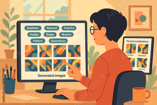 Person views computer screen showing design options with colorful patterns and shapes in a bright room during daytime