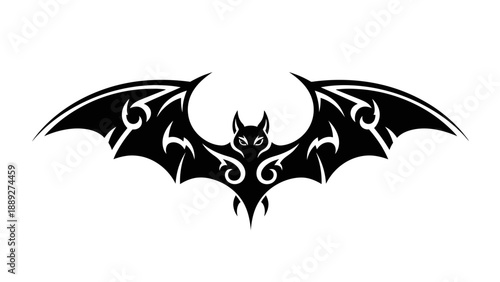 Ornate black bat silhouette with white details.