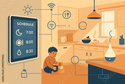 Smart home technology connects daily activities in a modern kitchen with a child playing on the floor at morning time