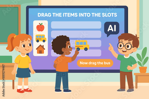 Kids engage in an interactive learning activity in a classroom setting during a school day