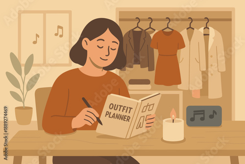 Woman writes in outfit planner while sitting at a table in a cozy room with clothes in the background and a candle nearby
