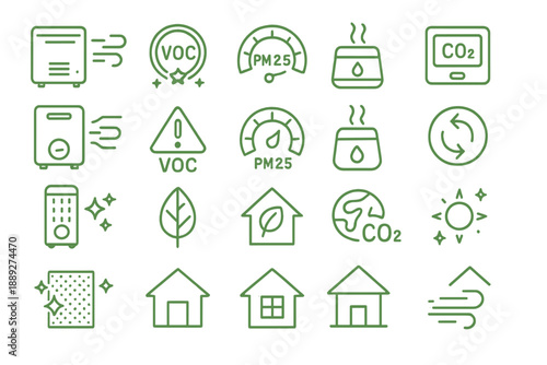 Collection of icons showing air quality indicators and home appliances related to environmental monitoring and energy efficiency