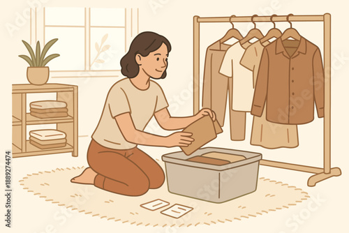 Organizing clothes and sorting items in a room with a rack and storage box in the afternoon