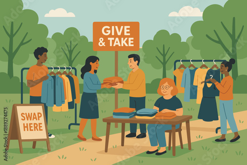 Community members participate in a clothing swap event outdoors in a park on a sunny day