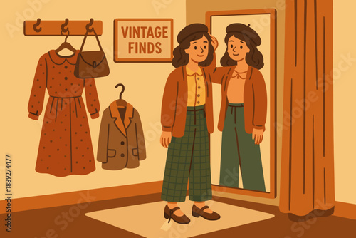 Woman looks at herself in mirror while trying on vintage clothes in a store during daytime in a cozy shopping area