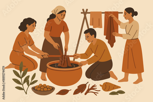 Group of people preparing dye using natural materials in a rural setting during daylight hours