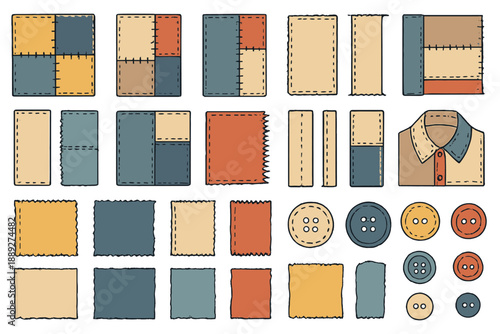 Different shapes and colors of fabric and buttons for textile projects displayed in a neat arrangement