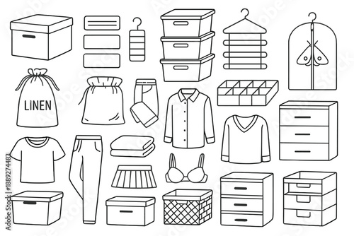 Linen and clothing storage items in a simple arrangement for organization and tidiness