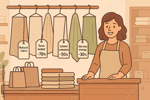 Store owner shows sustainable fabric options while promoting eco-friendly practices and discounts on materials