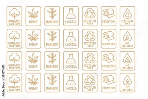 Different fabric labels showing materials such as hemp, bamboo, organic cotton, and lyocell with symbols for dye and recycling