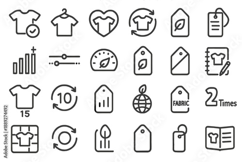 Icons show different aspects of sustainable clothing and fabric care for eco-friendly fashion choices
