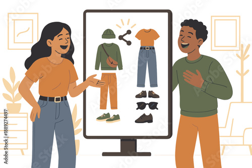 Two friends discuss outfit choices in a bright room while looking at a digital display of clothing options