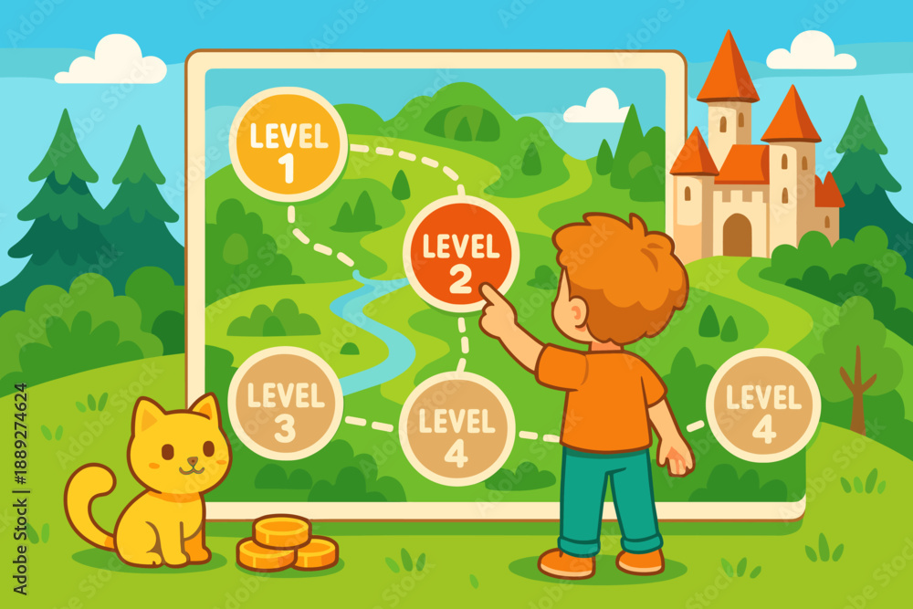 Naklejka premium Child points at level two on a game map with a castle in the background and a cat nearby in a bright and sunny scene