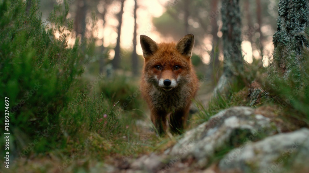 Obraz premium Fox walking through forest at sunset with trees and plants around