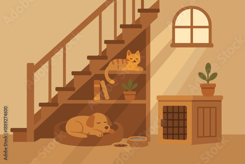 Two pets relax in a cozy indoor space near a staircase with plants and light from a window