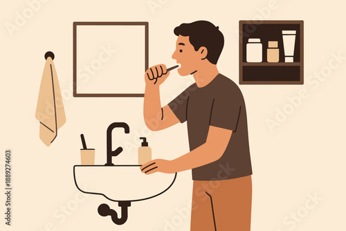 Person brushing teeth in bathroom at home during morning routine