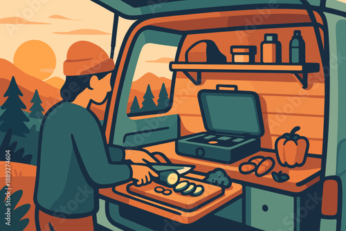 Person prepares food in van kitchen during sunset in a mountain area surrounded by trees