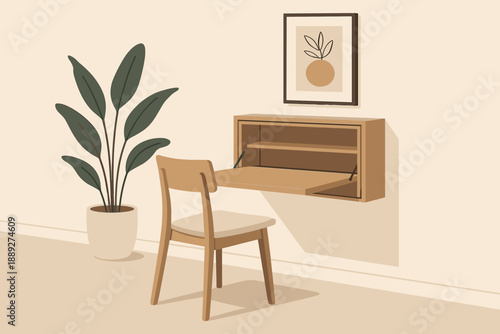 Wall-mounted desk with chair and plant in a simple room design during the day