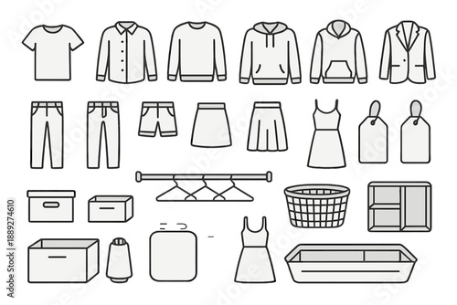 Different types of clothing and storage items arranged in a flat layout for display or organization in a home space