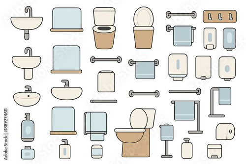 Collection of bathroom items arranged in a clear layout showing various sinks, toilets, and accessories for daily use