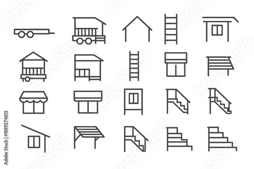 Various simple line drawings of houses, trailers, ladders, and stairs in a grid layout for design reference or inspiration in building projects