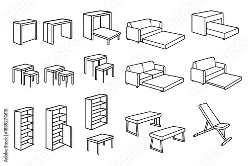 Different types of furniture designs shown in simple line art format for various home settings and functions